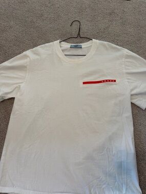 Prada White Short Sleeve Tee with Red Logo Stripe